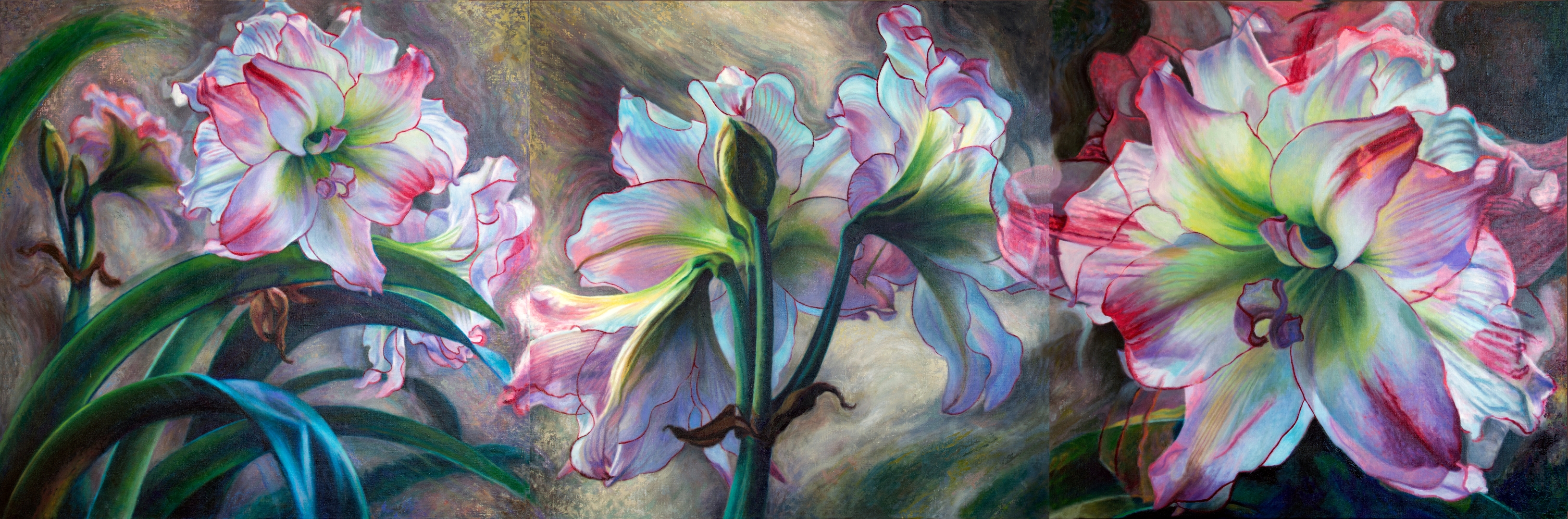 Pink Amaryillis Triptych, Oil, 28" x 72", Price upon request